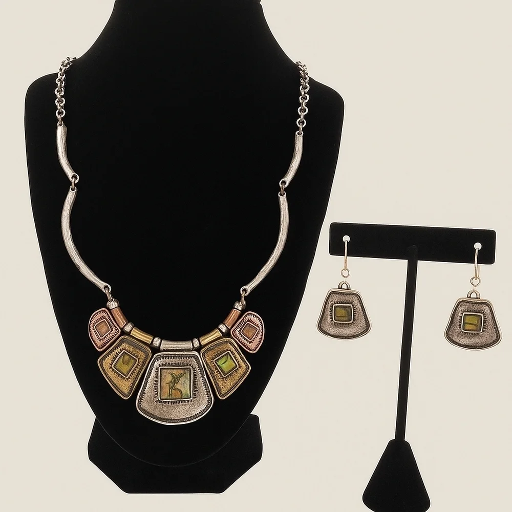 Boho Mixed Metal Pendant Necklace & Earring Set